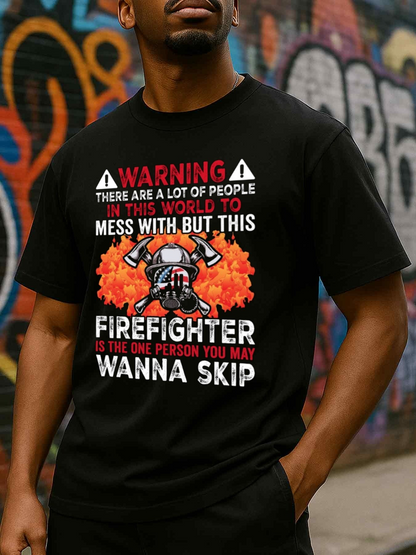 Men's Graphic T-Shirt Warning Firefighter Surrounded By Flames In Urban Street Art