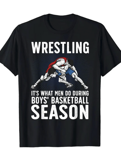 Men's Graphic T-Shirt Wrestling Bold Letter Cartoon Illustration With Red Cape Sportsman Under Spotlight