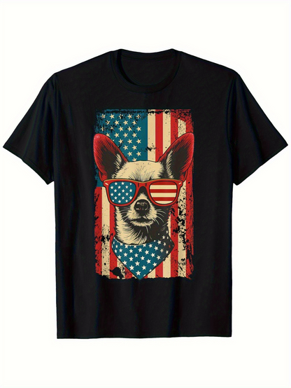 Men's Graphic T-Shirt Patriotic Stars And Stripes Sunglasses Bandana Wearing Chihuahua Dog