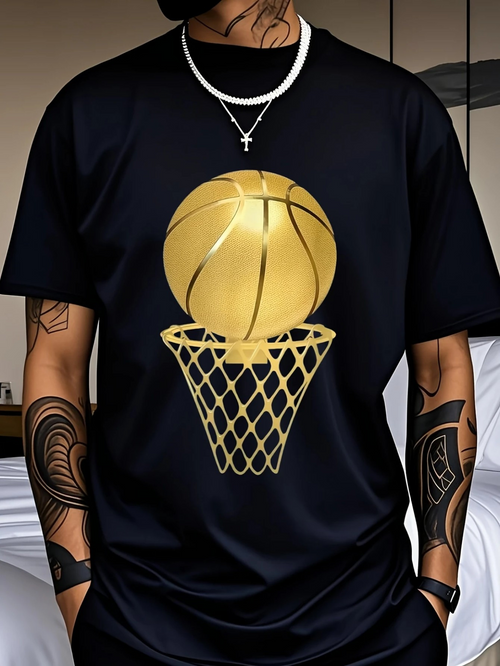 Men's Graphic T-Shirt Golden Basketball Above Net On Stylish Black T Shirt