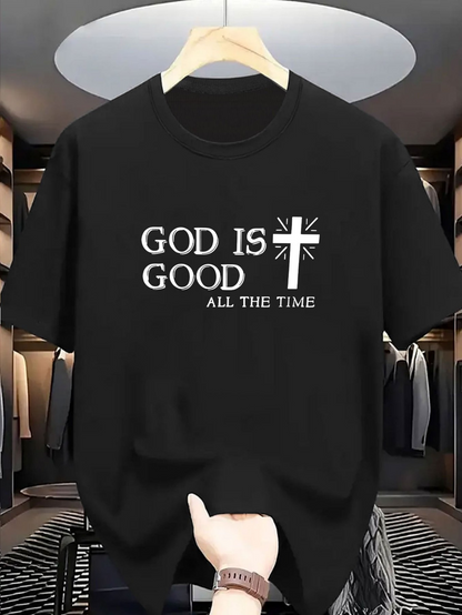 Men's Graphic T-Shirt God Is Good Bold White Text With Stylized Cross Graphic T Shirt