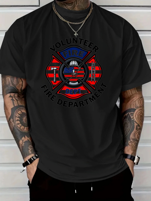Men's Graphic T-Shirt American Flag Motif Among Firefighter Badge Volunteer Fire Department Emblem Tee