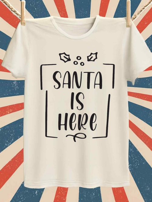 Men's Graphic T-Shirt Santa Is Here Simple Holiday Design With Festive Holly Details