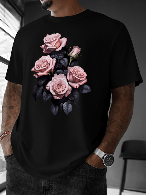 Men's Graphic T-Shirt Pink Roses With Dark Leaves Under Soft Morning Light Rose