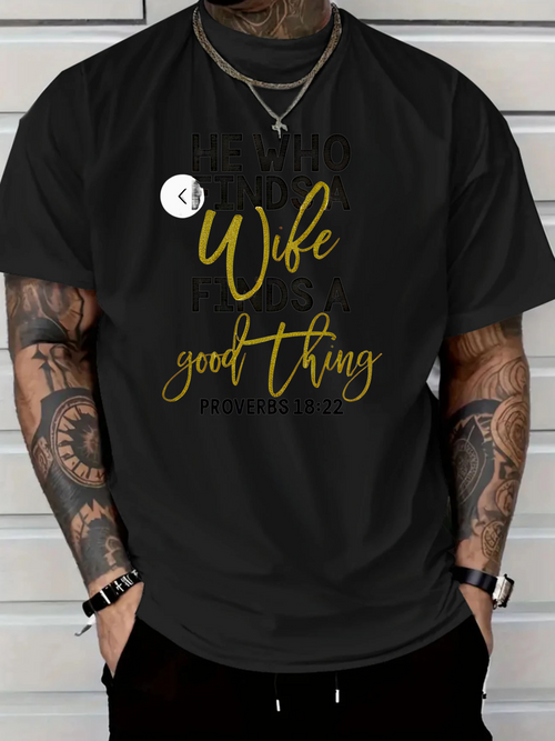 Men's Graphic T-Shirt Blessed Wife With Script Letters And Golden Good Things Text Shirt