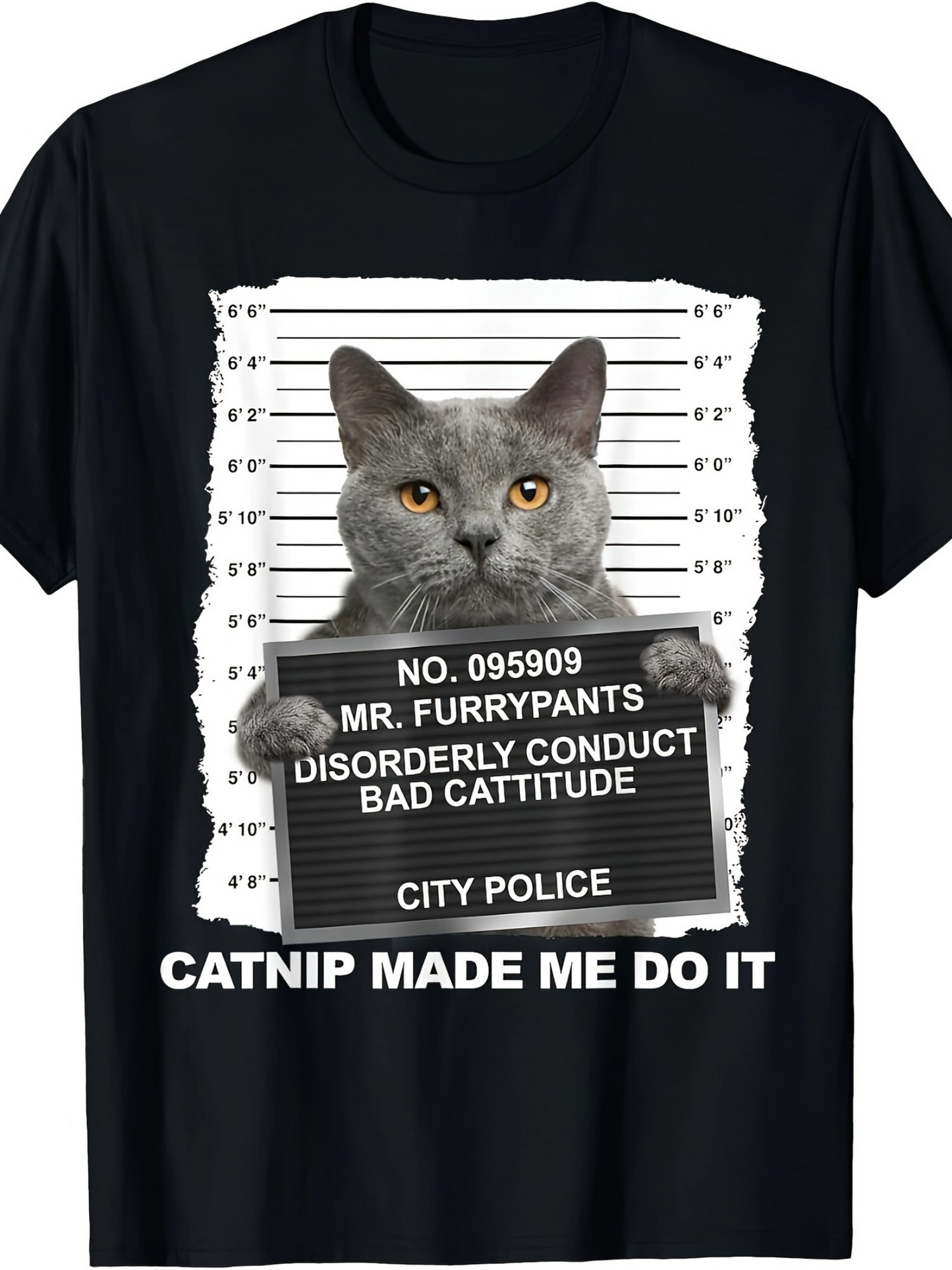 Men's Graphic T-Shirt Catnip Made Me Do It Funny Mugshot Cat Graphic With Grey Tabby