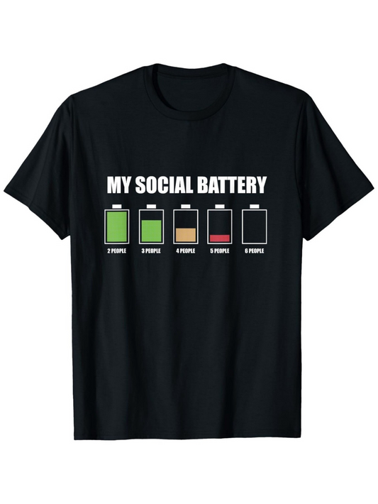 Men's Graphic T-Shirt My Social Battery With Five Labeled Colorful Battery Icons Front