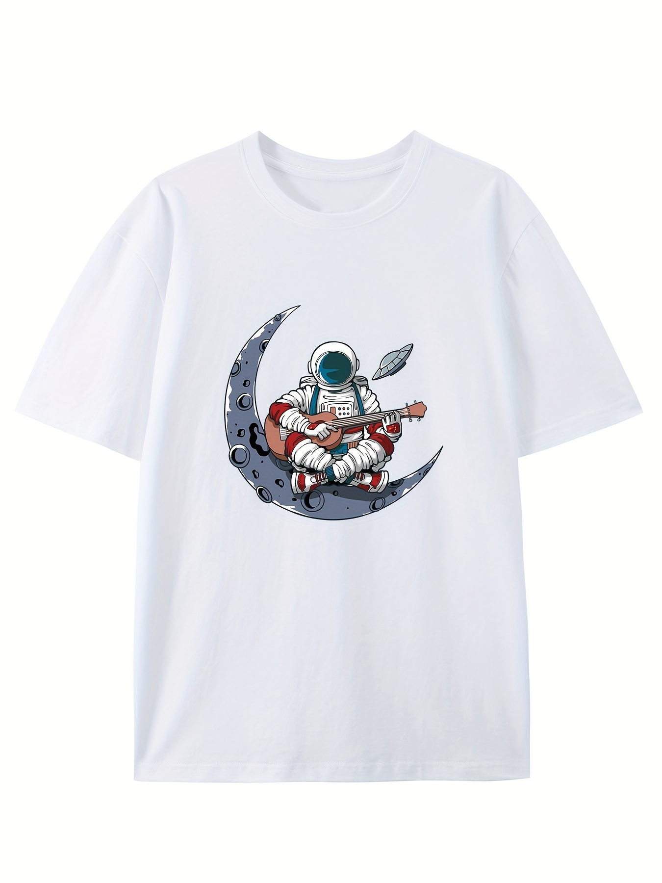 Men's Graphic T-Shirt Relaxing Astronaut Sitting On Crescent Moon Playing Guitar