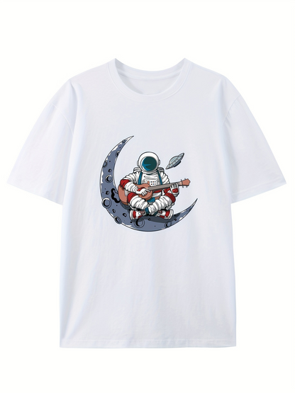 Men's Graphic T-Shirt Relaxing Astronaut Sitting On Crescent Moon Playing Guitar