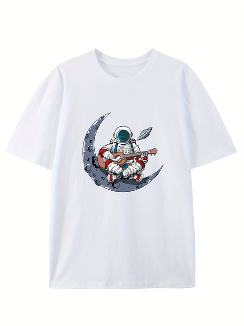 Men's Graphic T-Shirt Relaxing Astronaut Sitting On Crescent Moon Playing Guitar