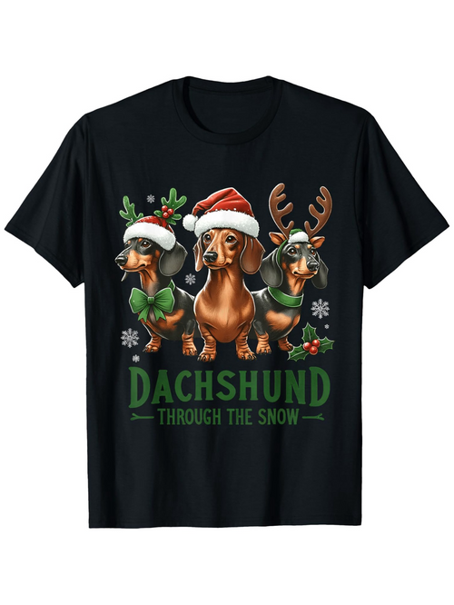 Men's Graphic T-Shirt Dachshund Through The Snow With Festive Christmas Hats Surrounded By Reindeer Antlers And Snowflakes Dachshund