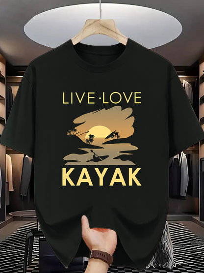 Men's Graphic T-Shirt Live Love Golden Sunset Reflections With Kayak Paddler Over Calm Lake