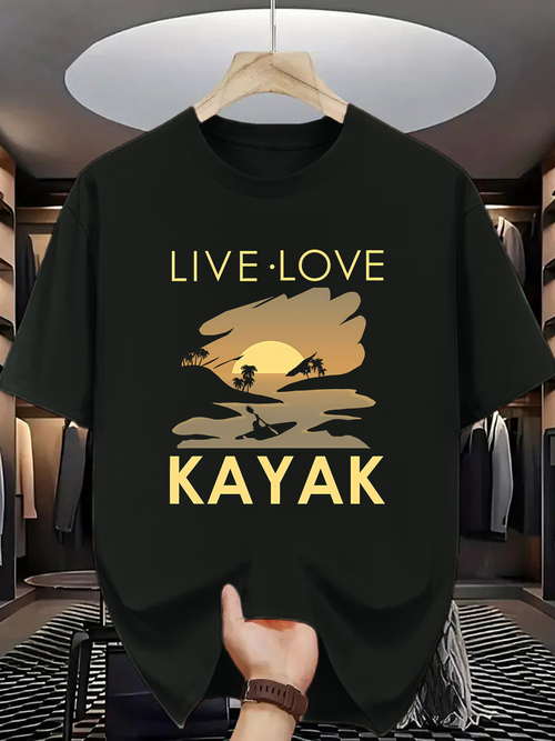 Men's Graphic T-Shirt Live Love Golden Sunset Reflections With Kayak Paddler Over Calm Lake