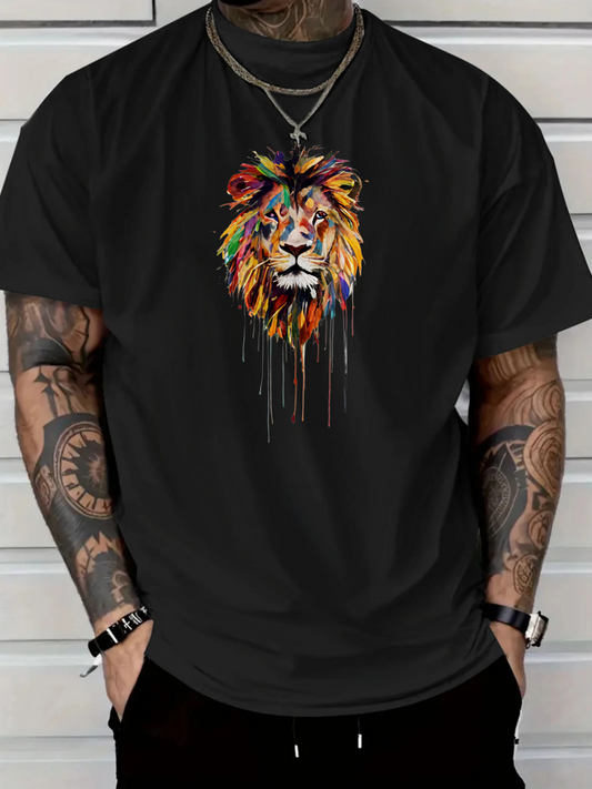 Men's Graphic T-Shirt Vivid Abstract Strokes With Colorful Expressionist Portrait Of Majestic Lion