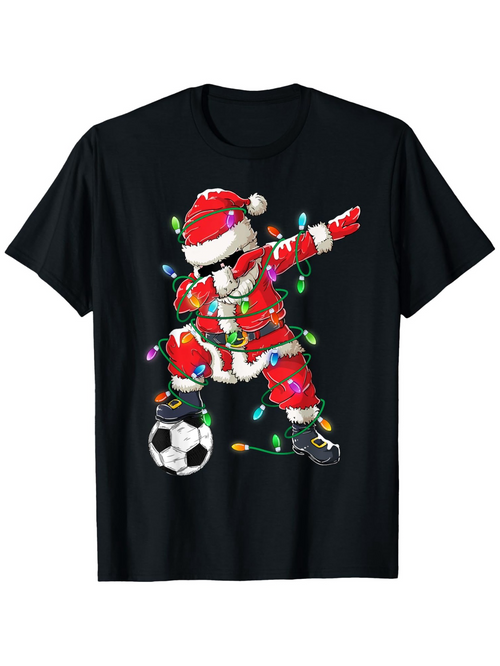 Men's Graphic T-Shirt Christmas Lights Dancing Santa With Soccer Ball Under Festive Holiday Scene