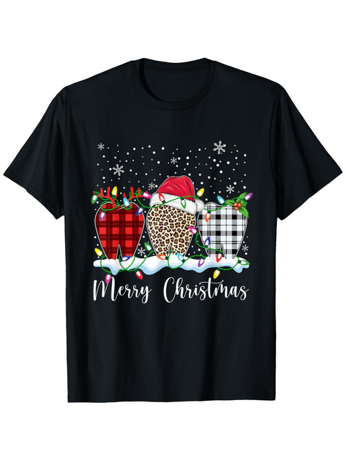 Men's Graphic T-Shirt Merry Christmas Plaid And Leopard Print Trees With Snowy Winter Lights