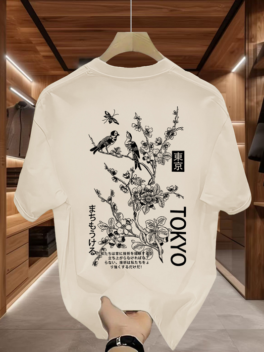 Men's Graphic T-Shirt Tokyo Blossoms And Chirping Birds Amid Flowing Branches