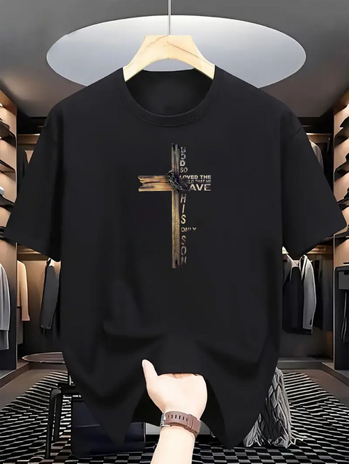 Men's Graphic T-Shirt Vintage Wooden Pattern With Classic Typography Centered Cross