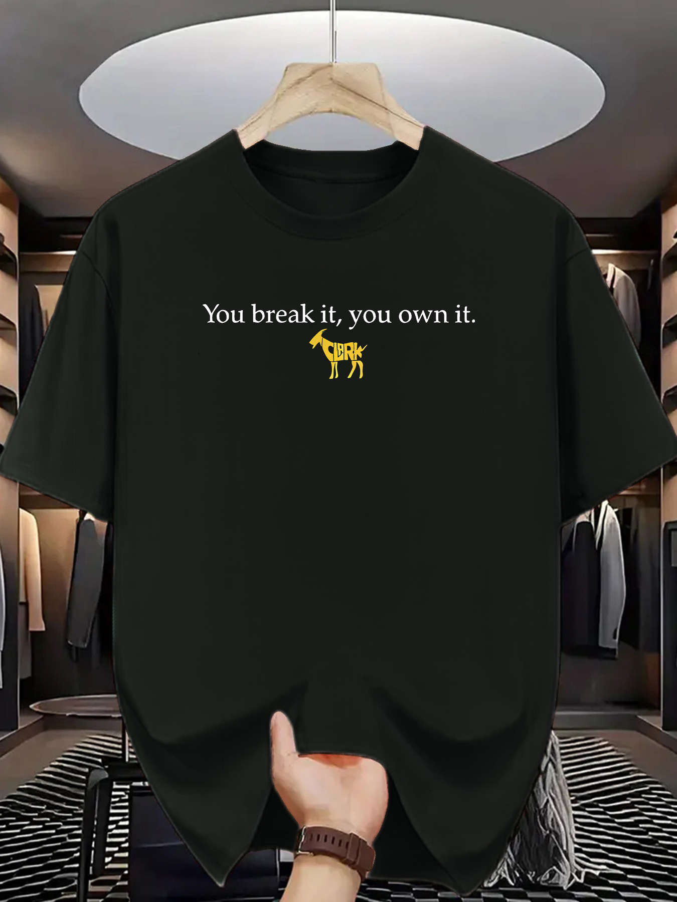 Men's Graphic T-Shirt You Break It You Own It Yellow Donkey Illustration Among Minimalist Script