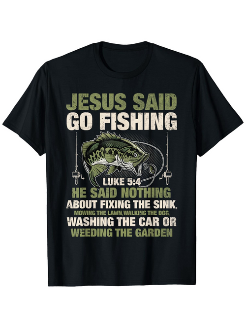 Men's Graphic T-Shirt Jesus Said Go Fishing Among Vintage Typography With Lively Bass Graphic