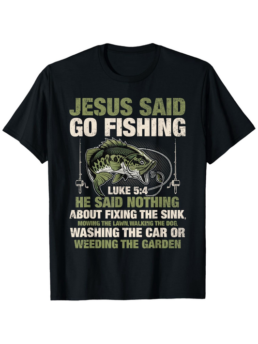 Men's Graphic T-Shirt Jesus Said Go Fishing Among Vintage Typography With Lively Bass Graphic