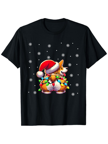 Men's Graphic T-Shirt Snowflakes Twinkling Around Corgi Wrapped With Holiday Lights