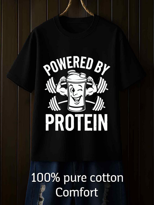 Men's Graphic T-Shirt Powered By Protein Cartoon Strength With Barbell And Smiling Protein Drink