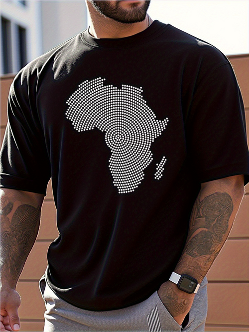 Men's Graphic T-Shirt Minimalist Line Pattern With Geometric Dots Featuring African Continent Map