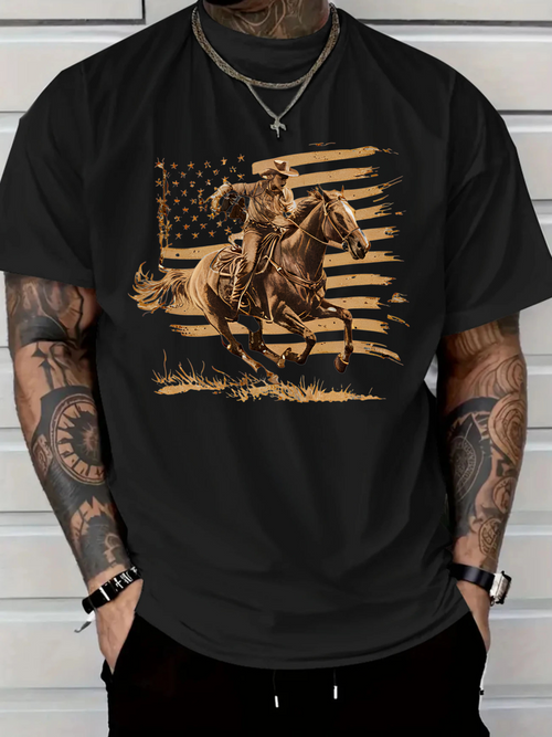 Men's Graphic T-Shirt Vintage Cowboy Galloping Horse With Faded American Flag