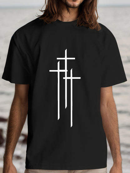 Men's Graphic T-Shirt Minimalist White Cross Symbolic Lines On Solid Black T Shirt