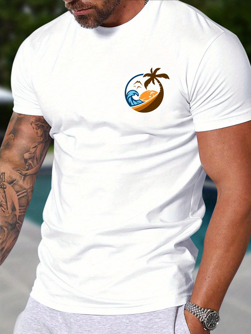 Men's Graphic T-Shirt Waves And Sun Setting Behind Palm Tree Under Coastal Sky
