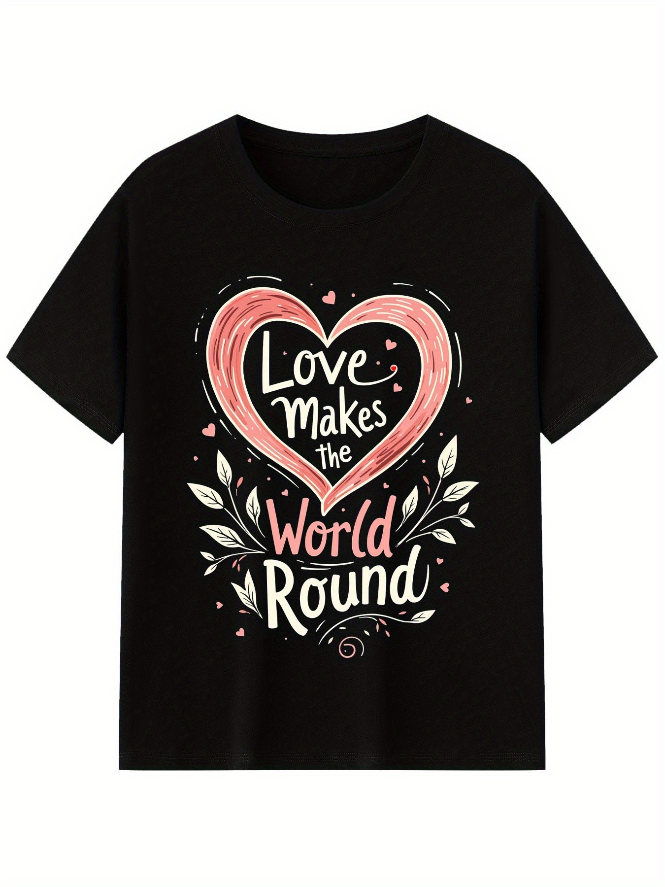 Men's Graphic T-Shirt Love Makes The World Round Pink Heart With White Leaves And Decorative Swirls