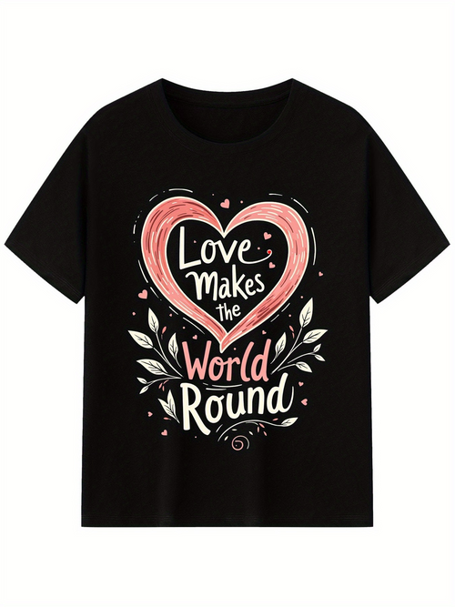 Men's Graphic T-Shirt Love Makes The World Round Pink Heart With White Leaves And Decorative Swirls