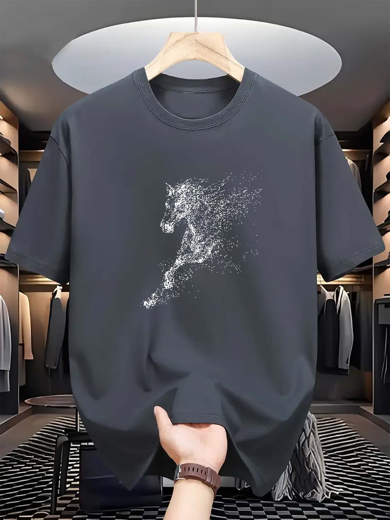 Men's Graphic T-Shirt Abstract Particles Forming A Galloping Dynamic Horse