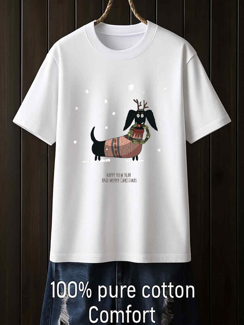 Men's Graphic T-Shirt Festive Winter Snowflakes Dancing Around Cozy Dachshund Dog