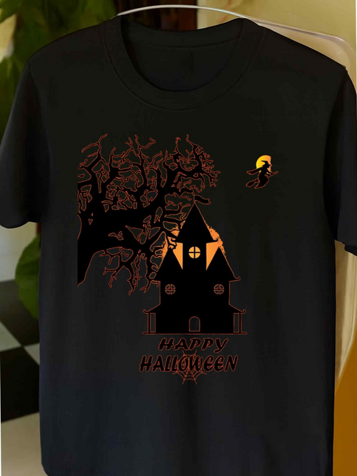 Men's Graphic T-Shirt Spooky Old Tree With Haunted House Under Glowing Halloween Moon