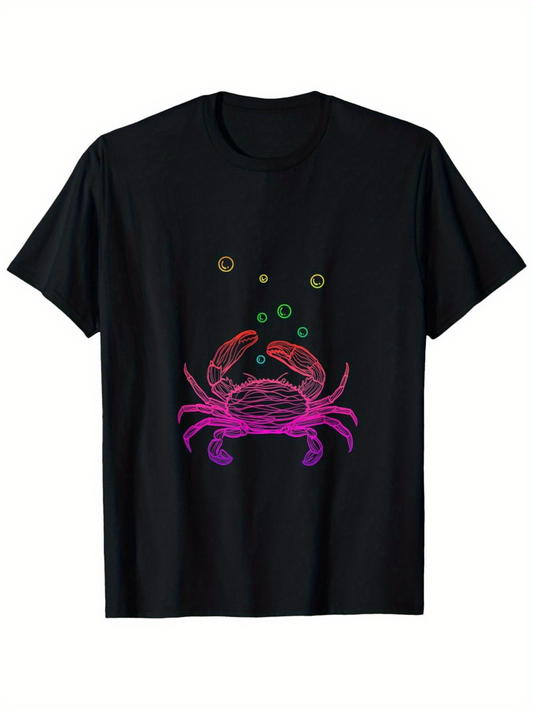 Men's Graphic T-Shirt Colorful Neon Crab Design With Floating Bubbles Among Deep Black Shirt Crab