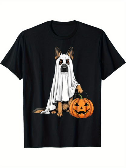 Men's Graphic T-Shirt Happy Halloween Dog With Carved Pumpkin Under White Ghost Sheet