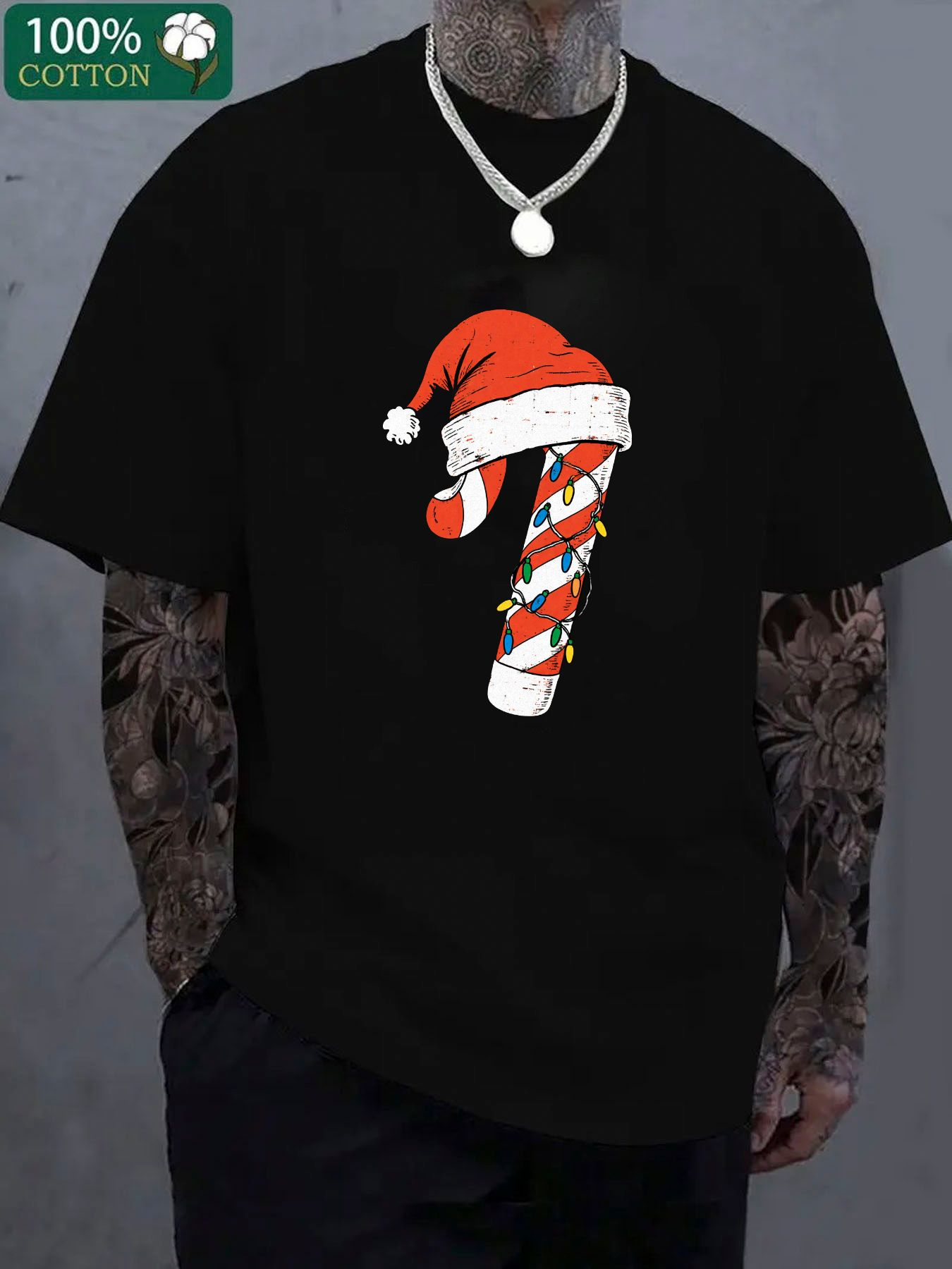 Men's Graphic T-Shirt Festive Holiday Candy Cane With Santa Hat Christmas Decoration