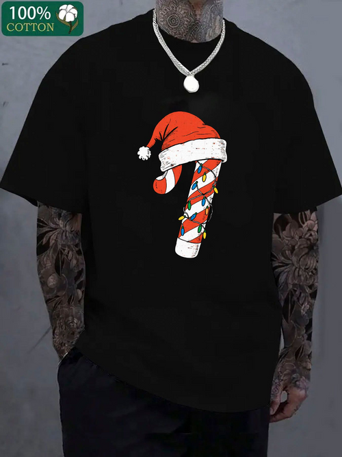 Men's Graphic T-Shirt Festive Holiday Candy Cane With Santa Hat Christmas Decoration