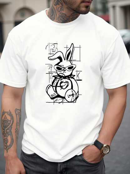 Men's Graphic T-Shirt Hand Drawn Urban Style Bunny With Sunglasses White Bunny