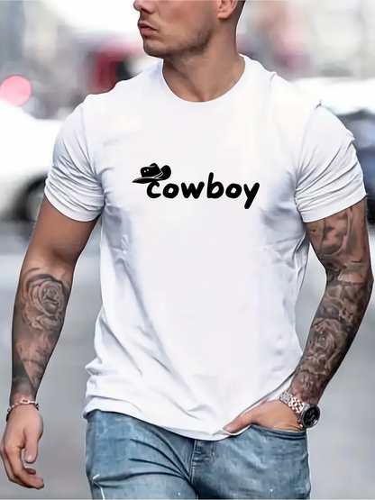 Men's Graphic T-Shirt Playful Black Hat Logo Cowboy Text On Simple White T Shirt Cowboy