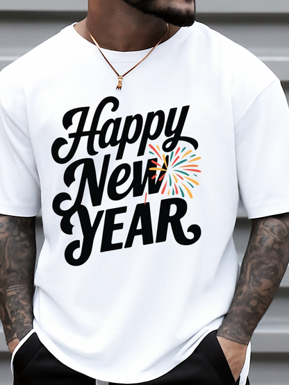 Men's Graphic T-Shirt Happy New Year Colorful Fireworks Celebration White T Shirt