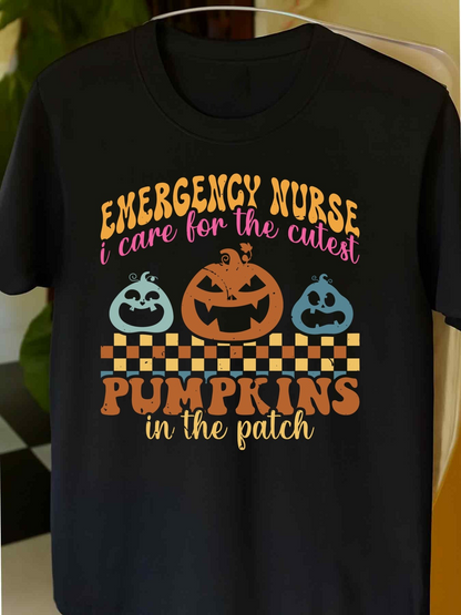 Men's Graphic T-Shirt Emergency Nurse With Smiling Jack O Lantern Surrounded By Festive Pumpkins