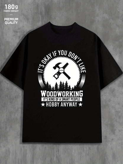 Men's Graphic T-Shirt Woodworking Smart People Funny Quote With Tools Over Forest Silhouette