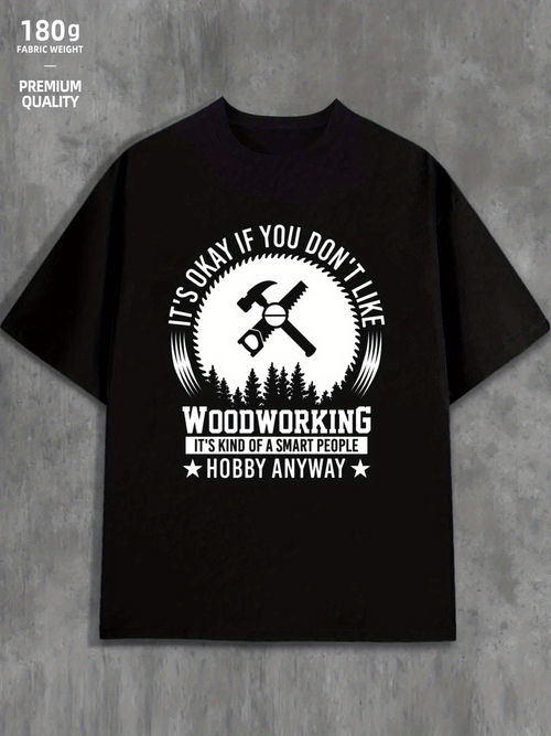 Men's Graphic T-Shirt Woodworking Smart People Funny Quote With Tools Over Forest Silhouette