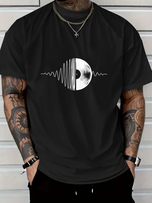 Men's Graphic T-Shirt Modern Sound Waves With Vintage Vinyl Among Minimalist Lines Record