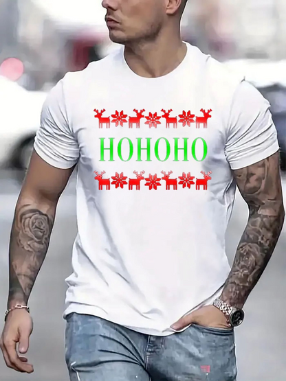 Men's Graphic T-Shirt Hohoho Festive Pattern With Playful Red Reindeer Surrounding Christmas Lettering