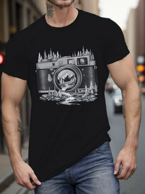 Men's Graphic T-Shirt Majestic Forest River Scene Framed Within Detailed Vintage Camera