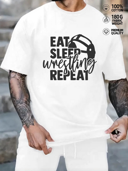 Men's Graphic T-Shirt Eat Sleep Wrestling Repeat With Illustrated Headgear And Bold Script Text
